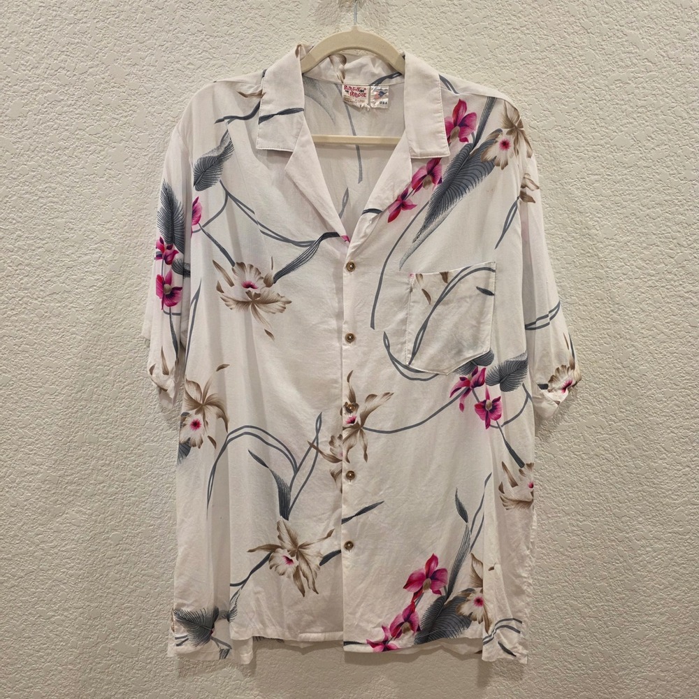 VTG Barefoot in Paradise Hawaiian Shirt Mens XL White Floral Rayon Made in USA